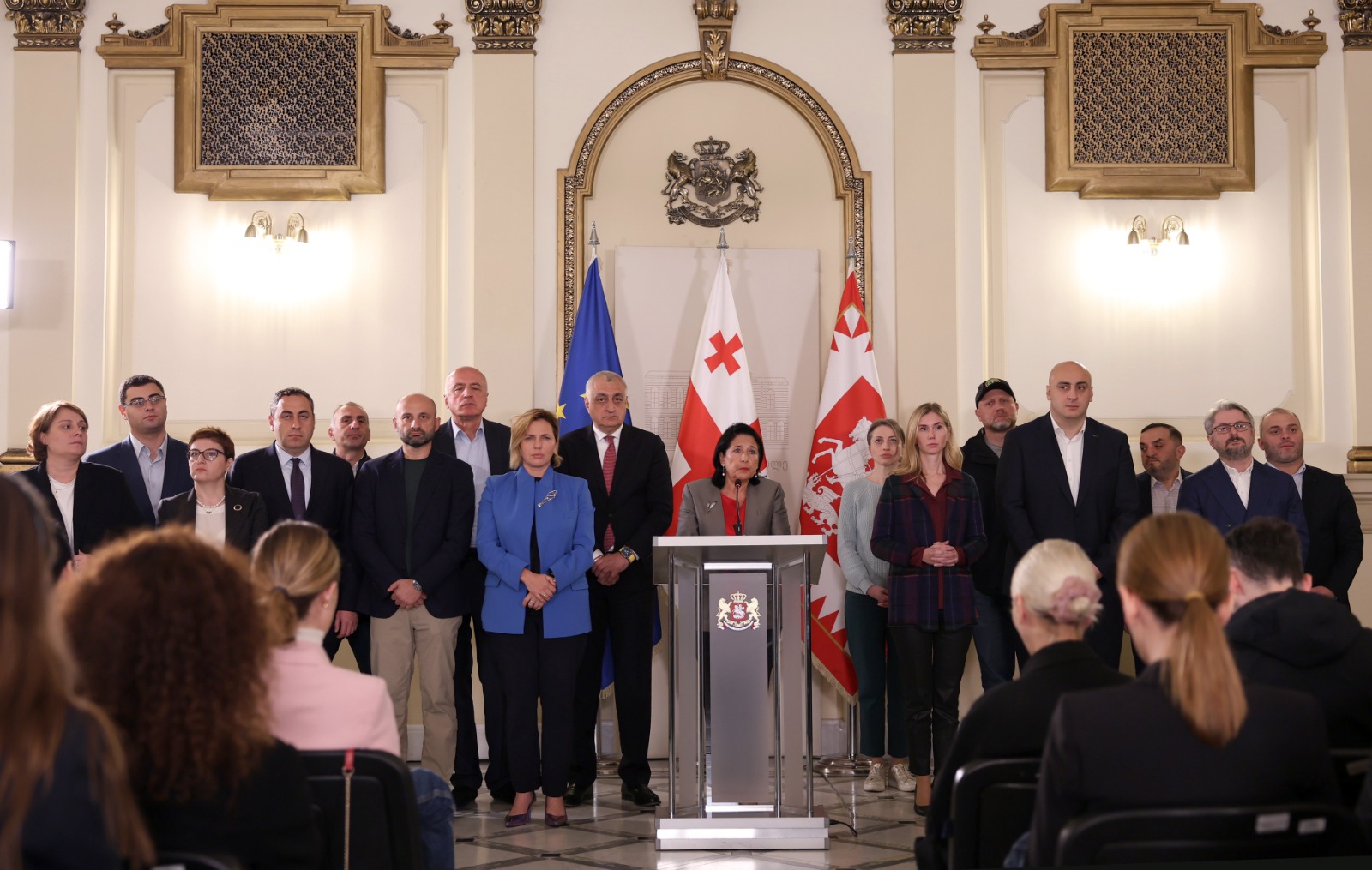 La presidente Zourabichvili durante la conferenza stampa (foto Administration of the President of Georgia)