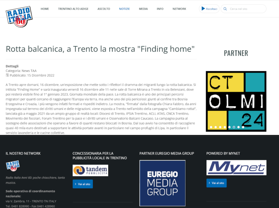 Screen shot / Lancio della mostra “Finding Home” nell'ambito della nuova  campagna “Cambiamo rotta”, Radio Italia anni '60 15/12/2022 / Press Room  Archive 2022 / Press Room / Dissemination / Homepage - Osservatorio Balcani  e Caucaso Transeuropa